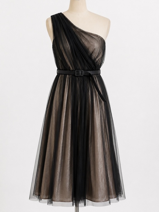 Kay Unger Dresses & Skirts - Kay Unger One Shoulder Tulle Midi Dress Black Gold Metallic Formal Cocktail Sz 6